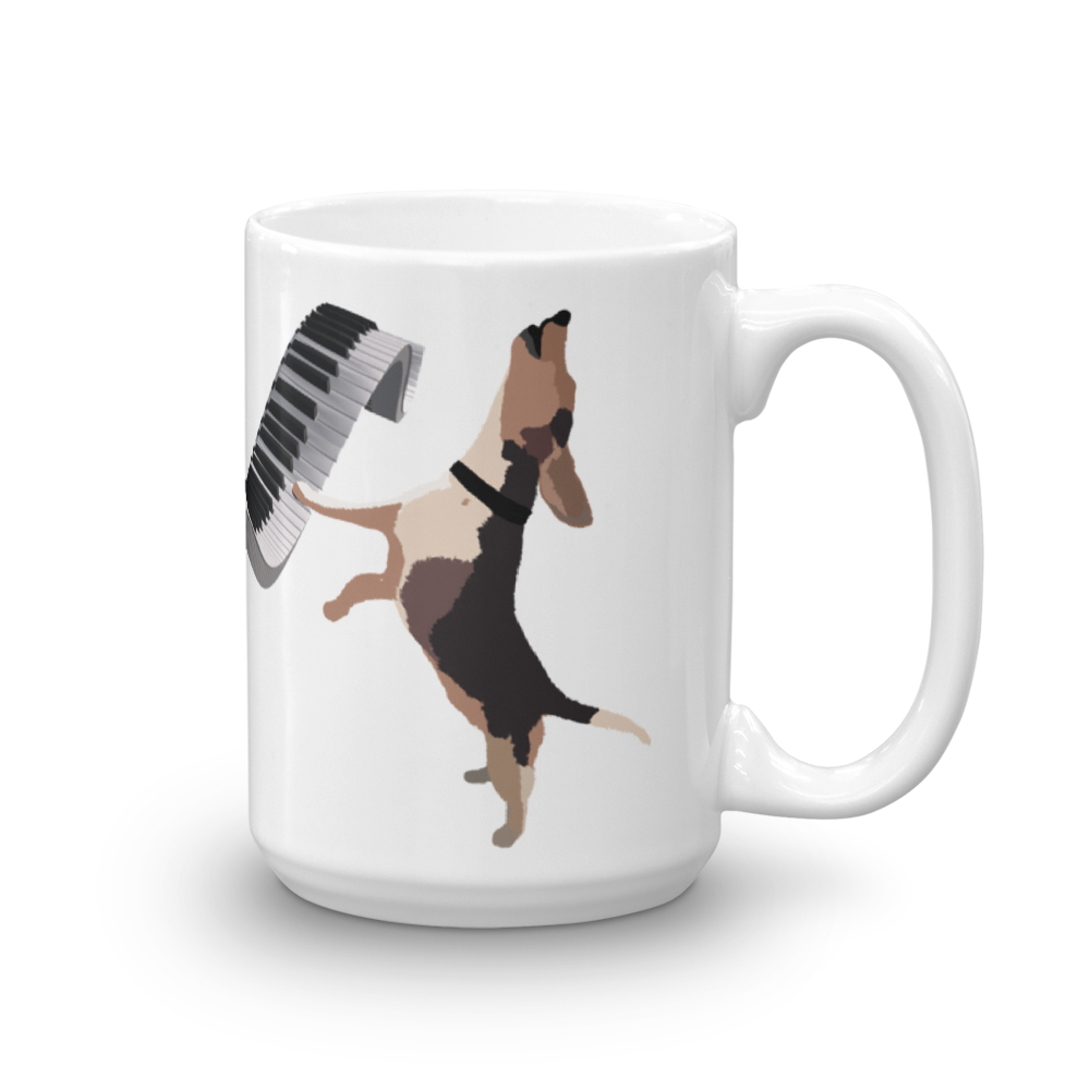 Buddy Mercury the singing piano playing beagle who portrays Freddie Mercury from the band, Queen full color ceramic beverage mug