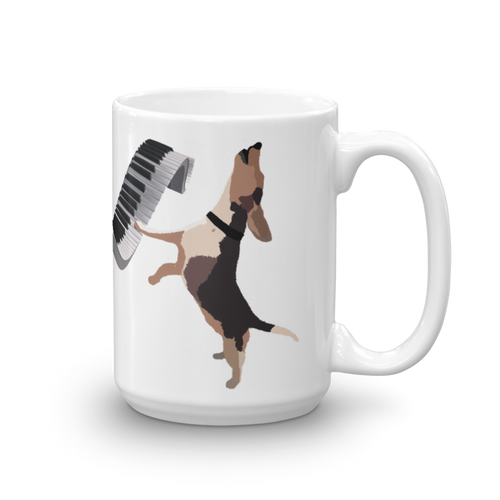 Buddy Mercury the singing piano playing beagle who portrays Freddie Mercury from the band, Queen full color ceramic beverage mug